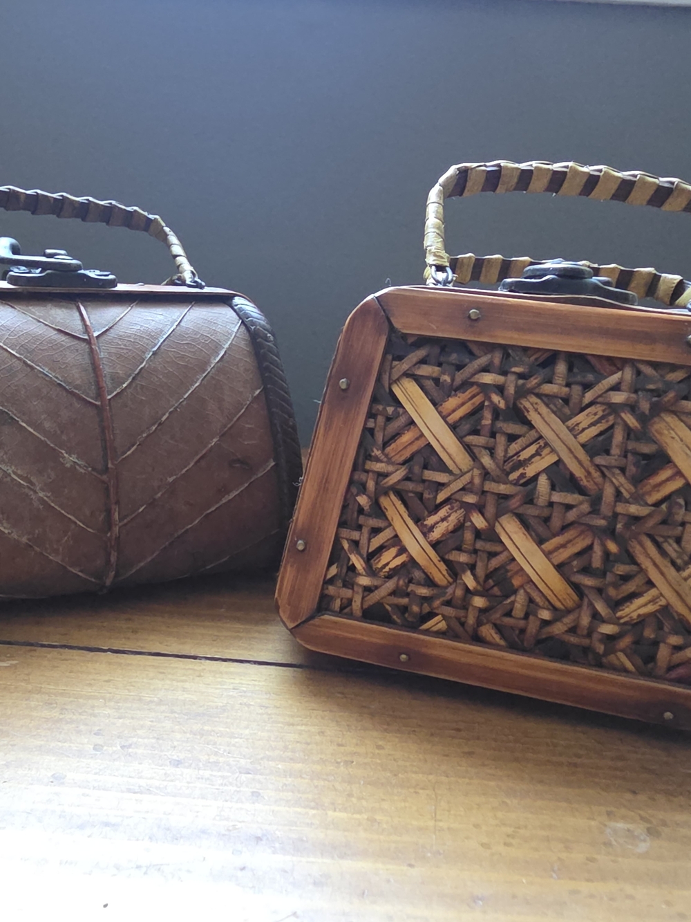 Adorable Small Handwoven Brown Wicker Box Handbags - Pair